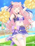  1girl :d blue_ribbon blue_skirt blue_vest blurry blurry_background blush breasts cheerleader closed_eyes clouds cloudy_sky eyebrows_visible_through_hair frilled_skirt frills hair_ornament hair_ribbon hair_rings hatsune_(princess_connect!) long_hair navel open_mouth pink_hair pom_pom_(cheerleading) princess_connect! ribbon skirt sky smile solo star_(symbol) star_hair_ornament stomach thigh_strap vest white_footwear yazi114 