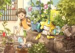  1boy backpack bag brown_bag brown_hair bubble chimecho commentary_request faucet flower_pot gen_1_pokemon gen_3_pokemon gen_5_pokemon green_shorts holding in_pot jirachi leaf male_focus matsuri_(matsuike) mythical_pokemon open_mouth pidove plant pokemon pokemon_(creature) poliwag potted_plant shirt short_hair short_sleeves shorts smile squirtle standing stone_wall t-shirt themed_object upper_teeth wall watering_can 