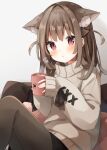  1girl animal_ear_fluff animal_ears bangs black_legwear blush brown_hair cat_ears commentary_request cup eyebrows_visible_through_hair eyes_visible_through_hair hands_up heripiro highres holding holding_cup long_hair long_sleeves looking_at_viewer original pantyhose parted_lips red_eyes simple_background sleeves_past_wrists solo steam sweater two_side_up white_background white_sweater 
