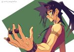  1boy armlet bangs bracelet closed_mouth commentary_request earrings fingernails green_eyes hair_tie hand_up headband holding_dice jewelry long_hair looking_to_the_side male_focus necklace otogi_ryuuji pinkerton_taisa ponytail sleeveless solo tied_hair twitter_username upper_body yu-gi-oh! 