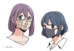  2girls black_mask blue_hair collarbone collared_shirt commentary_request dated eyebrows_visible_through_hair glasses hair_between_eyes head_only horikou kagamihara_shizuka mask mouth_mask multiple_girls shima_saki shirt signature trait_connection violet_eyes yurucamp 
