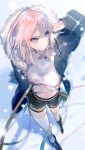  1girl arm_up boots coat copyright_request fishnets footprints fur-trimmed_coat fur_trim halter_top halterneck highres miwano_ragu mole mole_under_eye navel pink_eyes pink_hair snow snowing solo thigh-highs white_legwear wing_collar winter_clothes winter_coat 