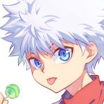  1boy bangs blue_eyes candy commentary_request dated_commentary food hair_between_eyes holding holding_candy holding_food holding_lollipop hunter_x_hunter kariki_hajime killua_zoldyck lollipop looking_at_viewer male_focus messy_hair portrait simple_background solo spiky_hair tongue tongue_out white_background white_hair 