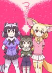  3girls :o animal_ear_fluff animal_ears arms_behind_back bangs belt black_bow black_gloves black_hair black_shorts black_skirt blonde_hair bow bowtie brown_eyes commentary_request common_raccoon_(kemono_friends) cover cover_page degu_(kemono_friends) doujin_cover extra_ears eyebrows_visible_through_hair fennec_(kemono_friends) fox_ears fox_girl fox_tail fur_collar gloves green_shirt grey_hair hands_on_hips kemono_friends kitsunetsuki_itsuki multicolored_hair multiple_girls pink_background pink_shirt pleated_skirt puffy_short_sleeves puffy_sleeves purple_shirt raccoon_ears raccoon_girl raccoon_tail shirt short_hair short_sleeves shorts simple_background skirt smile tail thigh-highs white_bow white_skirt yellow_bow yellow_legwear zettai_ryouiki 