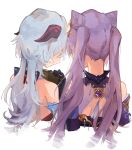  2girls bare_shoulders blue_hair blush collared_dress detached_sleeves double_bun from_behind ganyu_(genshin_impact) genshin_impact hair_cones hair_ornament hairpin highres holding horns keqing_(genshin_impact) long_hair mokkun354 multiple_girls purple_hair smile tied_hair twintails vision_(genshin_impact) yuri 