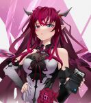  +_+ 1girl :o absurdres aqua_eyes bangs bare_shoulders black_dress cellphone character_name detached_sleeves dress flower grey_horns hair_between_eyes hand_on_hip heterochromia highres holding holding_phone hololive hololive_english horns irys_(hololive) long_hair looking_at_viewer phone pink_background pink_eyes red_flower redhead signature smartphone solo twitter two-tone_background two-tone_dress white_background white_dress yo_na 