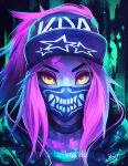  1girl akali black_background black_choker choker eyebrows eyebrows_visible_through_hair eyelashes eyeliner facing_viewer green_background hat imdrunkontea jacket k/da_(league_of_legends) k/da_akali league_of_legends looking_at_viewer makeup mask medium_hair mouth_mask neon_lights paint paint_on_clothes paint_on_face paint_splatter ponytail portrait purple_hair solo star_(symbol) star_print v-shaped_eyebrows yellow_eyes 