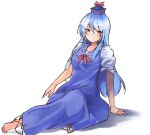  1girl arm_support bangs barefoot blue_dress blue_hair blue_headwear blush breasts closed_mouth commentary_request dress eyebrows_visible_through_hair full_body ginnkei hair_between_eyes kamishirasawa_keine large_breasts long_hair looking_at_viewer orange_eyes pinafore_dress puffy_short_sleeves puffy_sleeves short_sleeves sidelocks simple_background sitting smile solo touhou very_long_hair white_background yokozuwari 