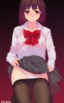  1girl black_background black_legwear black_skirt bow bowtie brown_hair closed_mouth clothes_lift clothes_pull collared_shirt commentary_request dated eyebrows_visible_through_hair gradient gradient_background highres hitomi_o kneeling lifted_by_self light_blush light_smile long_sleeves looking_at_viewer original panties pantyhose pantyhose_pull pleated_skirt red_background red_neckwear school_uniform shirt short_hair skirt skirt_lift sleeves_past_wrists solo underwear violet_eyes white_panties white_shirt 