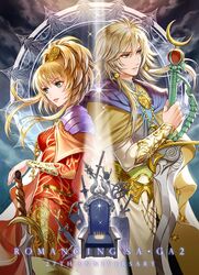  1boy 1girl amazio_komeko anniversary blonde_hair breasts cape chair dress hair_ornament highres holding holding_sword holding_weapon long_hair protagonist_(romancing_saga_2) romancing_saga_2 saga shield sword the_final_empress weapon 