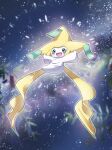  :d absurdres blurry blush commentary_request gen_3_pokemon green_eyes green_ribbon highres jirachi mythical_pokemon nako_(nekono_shippo75) night no_humans open_mouth outdoors outstretched_arms pokemon pokemon_(creature) ribbon sky smile solo star_(sky) tongue 