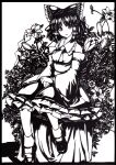  10810km 1girl absurdres ascot bow collared_shirt detached_sleeves flower_request frilled_skirt frills full_body hair_bow hair_tubes hakurei_reimu highres looking_at_viewer monochrome parted_lips shirt short_hair sitting skirt smile solo touhou 