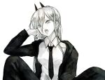  +_+ 1girl commentary_request fangs fingernails formal greyscale long_hair looking_at_viewer monochrome nail_polish necktie original pants shirt solo suit tongue tongue_out uzura_(piroro-foo) v-shaped_eyebrows white_background 