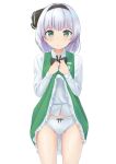  1girl bow bow_panties clothes_lift green_eyes green_skirt green_vest hairband highres konpaku_youmu kubure lifted_by_self panties ribbon shirt short_hair silver_hair simple_background skirt skirt_lift solo thighs touhou underwear vest white_background white_panties white_shirt 