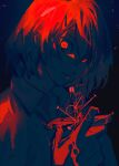  1boy absurdres akechi_gorou bangs btmr_game closed_mouth hair_between_eyes highres holding limited_palette looking_at_viewer male_focus nail persona persona_5 signature simple_background solo upper_body voodoo_doll 