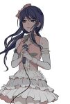  1girl absurdres artist_name bangs bare_shoulders blue_eyes blue_hair bow breasts center_frills closed_mouth cowboy_shot dangan_ronpa:_trigger_happy_havoc dangan_ronpa_(series) dress elbow_gloves frilled_dress frills frown gloves green_bow hair_bow hair_ornament hairclip highres holding layered_dress long_hair long_sleeves looking_at_viewer low_twintails maizono_sayaka medium_breasts microphone official_alternate_costume pantyhose sanmian_(chidarakeno) school_uniform serafuku simple_background skirt smile solo twintails twitter_username white_background white_gloves white_legwear 