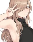  1girl armpits black_sweater blush closed_mouth hair_over_one_eye hand_up highres long_hair looking_at_viewer meme_attire one_eye_covered orange_eyes original simple_background smile solo sunaba_suzume sweat sweater upper_body v virgin_killer_sweater white_background 