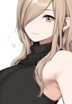  1girl armpits black_sweater brown_hair closed_mouth earrings hair_over_one_eye heart highres jewelry long_hair looking_at_viewer mole mole_on_armpit one_eye_covered original red_eyes sleeveless_sweater smile solo sunaba_suzume sweater upper_body 