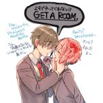  1boy 2girls bangs bilingual bow brown_hair closed_eyes commentary covered_eyes doki_doki_literature_club english_text engrish_text eyebrows_visible_through_hair grey_jacket hair_bow hair_over_eyes hand_on_another&#039;s_cheek hand_on_another&#039;s_chin hand_on_another&#039;s_face jacket long_sleeves lowres multiple_girls natsuki_(doki_doki_literature_club) necktie open_mouth pink_hair protagonist_(doki_doki_literature_club) ranguage red_bow red_neckwear sayori_(doki_doki_literature_club) school_uniform shirt short_hair simple_background sora_(efr) speech_bubble white_background white_shirt 
