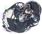  1girl bangs black_dress black_hair black_headwear black_umbrella blush dress eyepatch fang frilled_dress frills gothic_lolita hat holding holding_umbrella lolita_fashion long_hair long_sleeves mirai_(senran_kagura) open_mouth red_eyes senran_kagura simple_background solo umbrella very_long_hair yaegashi_nan 