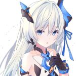  1girl :o bangs bare_shoulders black_gloves blue_eyes blue_hair deta-mxproject gloves hair_between_eyes hair_ornament highres honkai_(series) honkai_impact_3rd horns liliya_olenyeva long_hair looking_at_viewer open_mouth single_horn solo white_background 