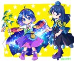  2girls :3 ahoge armor bag bangs blue_dress blue_eyes blue_headwear blush boots border bow branch cape chibi closed_mouth dark_blue_hair dated dress footwear_bow from_side full_body geta hairband hat holding holding_branch holding_plant iizunamaru_megumu long_hair long_sleeves looking_at_another looking_at_viewer medium_hair multicolored multicolored_clothes multicolored_dress multicolored_hairband multiple_girls outstretched_arms pointing pom_pom_(clothes) pote_(ptkan) profile purple_footwear purple_hair rainbow_gradient red_eyes short_hair shoulder_armor simple_background smile sparkle standing starry_background starry_sky_print symbol_commentary tanabata tengu-geta tenkyuu_chimata tokin_hat touhou violet_eyes white_border white_bow white_cape yellow_background 