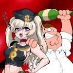  1boy 1girl :3 absurdres anchor_hat_ornament azur_lane bache_(azur_lane) bangs black_shirt blonde_hair blush bottle breasts brown_hair choker collared_shirt commentary_request crop_top crossover eyebrows_visible_through_hair family_guy fat fat_man glasses great_gonzales hair_between_eyes hand_on_another&#039;s_shoulder hat highres holding holding_bottle long_hair looking_at_another medium_breasts open_mouth peter_griffin round_eyewear sailor_collar sailor_hat shirt sweat sweating_profusely two_side_up upper_body violet_eyes white_shirt 