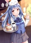  1girl alternate_costume bangs black_skirt blue_bow blue_hair blue_neckwear blue_vest blurry blurry_background blush bow bowtie breasts carrot coffee coffee_mug collared_shirt commentary_request cowboy_shot cream creature_on_head cup depth_of_field don-chan_(usada_pekora) eyebrows_visible_through_hair food fruit hair_ornament hands_up highres holding holding_tray hololive indoors long_hair long_sleeves looking_at_viewer medium_breasts miniskirt mogmog mug multicolored_hair parted_lips plate pleated_skirt red_eyes saucer shirt short_eyebrows skirt smile solo standing strawberry streaked_hair thick_eyebrows tray usada_pekora vest virtual_youtuber white_hair white_shirt x_hair_ornament 
