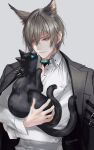  1boy absurdres animal_ear_fluff animal_ears arknights black_cat black_jacket blue_eyes brown_hair cat cat_boy cat_ears christine_(arknights) closed_mouth collar collared_shirt commentary_request grey_background highres jacket jacket_on_shoulders long_sleeves looking_at_another male_focus multiple_tails oripathy_lesion_(arknights) phantom_(arknights) pottsness shirt simple_background smile tail twitter_username two_tails upper_body white_shirt yellow_eyes 
