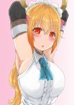  1girl armpits arms_up blonde_hair blue_neckwear breasts choker commentary_request dragon dragon_horns elbow_gloves gloves gradient gradient_background horns kobayashi-san_chi_no_maidragon large_breasts long_hair looking_at_viewer open_mouth portrait red_eyes solo tanufude tohru_(maidragon) upper_body white_headwear 