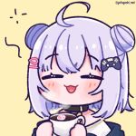  1girl :3 ^_^ black_collar blue_jacket blush chibi closed_eyes coffee collar cowlick cup double_bun highres holding holding_cup indie_virtual_youtuber jacket off_shoulder open_mouth portrait purple_hair shirt shizukou short_hair solo teacup twitter_username virtual_youtuber white_shirt yofugashi_mel 