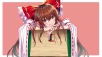  1girl absurdres afueeriru bow box brown_eyes brown_hair detached_sleeves frilled_bow frills hair_bow hair_tubes hakurei_reimu highres japanese_clothes long_hair miko nontraditional_miko red_bow ribbon-trimmed_sleeves ribbon_trim sidelocks touhou wood wooden_box yellow_neckwear 