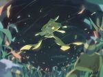  ampharos blurry closed_eyes clouds commentary_request depth_of_field floating from_below gen_2_pokemon gen_3_pokemon grass hands_up highres jirachi mareep mythical_pokemon night no_humans outdoors pokemon pokemon_(creature) ribbon sky wind zaber_(littlesuzume) 