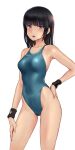  1girl absurdres bangs bare_shoulders black_hair blue_eyes blue_swimsuit blush breasts collarbone highleg highleg_swimsuit highres long_hair looking_at_viewer medium_breasts one-piece_swimsuit open_mouth original solo swimsuit thighs wa_(genryusui) wristband 