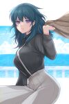  1girl alternate_costume bangs banned_artist black_shirt blue_eyes blue_hair breasts byleth_(fire_emblem) byleth_eisner_(female) commentary_request fire_emblem fire_emblem:_three_houses grey_pants highres large_breasts long_hair long_sleeves looking_at_viewer pants shimizu_akina shirt smile solo suspenders 