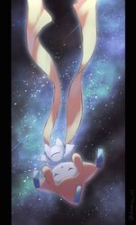  blue_ribbon closed_eyes colored_skin commentary_request gen_3_pokemon highres jirachi mythical_pokemon no_humans open_mouth outdoors pillarboxed pokemon pokemon_(creature) ribbon solo space star_(sky) uji_(966qrr) upside-down white_skin 