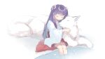  1girl dog ekolu hakama hakama_skirt japanese_clothes loli long_hair miko purple_hair red_hakama water white_background wide_sleeves 