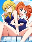  2girls ahoge bare_shoulders blonde_hair blue_sky blue_swimsuit clouds commentary_request crossed_legs drill_hair green_eyes highres hoshii_miki idolmaster idolmaster_(classic) locked_arms looking_at_viewer multiple_girls one-piece_swimsuit one_eye_closed orange_hair pool run_p_(aveton) school_swimsuit sitting sky swimsuit takatsuki_yayoi twin_drills water 