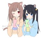  2girls ;o animal_ear_fluff animal_ears anz32 black_hair blue_eyes blue_kimono blush brown_hair brown_kimono cat_ears cat_girl cat_tail closed_mouth cropped_torso dog_ears hair_ornament hairclip holding holding_pen japanese_clothes kimono long_hair long_sleeves multiple_girls obi one_eye_closed original parted_lips pen red_eyes sash simple_background smile star_(symbol) star_hair_ornament tail tanabata twintails twitter_username upper_body white_background wide_sleeves yukata 