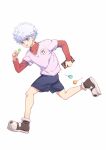  1boy bangs blue_eyes blue_shorts brown_footwear candy chocolate chocolate_bar commentary_request dated_commentary food from_side full_body hair_between_eyes hand_up holding holding_candy holding_food holding_lollipop hunter_x_hunter kariki_hajime killua_zoldyck layered_sleeves leg_up lollipop long_sleeves looking_at_viewer looking_to_the_side male_focus messy_hair number purple_shirt red_shirt running shirt shoes short_over_long_sleeves short_sleeves shorts simple_background sneakers solo spiky_hair tongue tongue_out white_background white_hair 