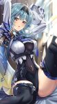  arms_up blue_hair blue_neckwear bodystocking boots breasts cape center_opening eula_(genshin_impact) genshin_impact hairband highres leotard long_sleeves looking_at_viewer medium_breasts necktie open_mouth ponnyu12 thigh-highs thigh_boots violet_eyes wide_sleeves 