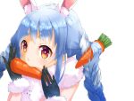  1girl animal_ear_fluff animal_ears bangs black_gloves blue_hair braid bunny-shaped_pupils carrot_hair_ornament extra_ears food-themed_hair_ornament fur-trimmed_gloves fur_scarf fur_trim gloves hair_ornament highres hikimayu hololive long_hair looking_at_viewer mouth_hold multicolored_hair orange_eyes portrait rabbit_ears rabbit_girl scarf short_eyebrows simple_background solo swept_bangs thick_eyebrows twin_braids twintails two-tone_hair usada_pekora virtual_youtuber white_background white_hair white_scarf xxxx 