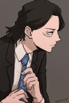  1boy adjusting_clothes adjusting_necktie aizawa_shouta black_eyes black_hair black_jacket blue_neckwear boku_no_hero_academia brown_background closed_mouth collared_shirt commentary_request facial_hair formal from_side highres jacket long_hair long_sleeves male_focus nakamu_405 necktie profile shirt simple_background solo stubble suit twitter_username upper_body white_shirt 
