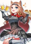  1girl :d absurdres alcohol animal_ears archetto_(arknights) arknights beer beer_mug black_corset black_dress blonde_hair blue_eyes boots bread cape corset cowboy_shot cup dress fang food gloves heterochromia highres holding holding_tray infection_monitor_(arknights) k@bu leg_up long_hair looking_at_viewer mug musical_note open_mouth polka_dot polka_dot_background red_cape red_eyes shadow skin_fang smile tray white_background white_footwear wrist_guards 