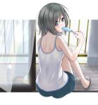  1girl awazake_(2wairu) back black_hair blue_eyes blue_shorts camisole commentary_request curtains eyebrows_visible_through_hair flip-flops food highres holding holding_food long_hair original popsicle railing sandals short_shorts shorts solo white_camisole window wooden_floor 