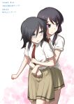  2girls bags_under_eyes bangs black_hair clenched_hands closed_mouth collared_shirt commentary_request cowboy_shot eyebrows_visible_through_hair green_eyes hair_between_eyes heebee hug hug_from_behind kuroki_tomoko long_hair looking_at_another looking_away looking_to_the_side low_twintails multiple_girls necktie number parted_lips pleated_skirt red_neckwear school_uniform shirt shirt_tucked_in short_sleeves skirt standing sweatdrop tamura_yuri translation_request twintails violet_eyes watashi_ga_motenai_no_wa_dou_kangaetemo_omaera_ga_warui! white_background white_shirt yellow_skirt 