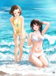  2girls artist_logo bikini black_hair breasts brown_hair chitanda_eru frilled_bikini frills full_body highres hyouka ibara_mayaka kneeling leaning_forward long_hair medium_breasts mery_(yangmalgage) multiple_girls navel ocean one_eye_closed red_eyes short_hair side-tie_bikini small_breasts swimsuit violet_eyes water waves wet wet_clothes wet_swimsuit white_bikini yellow_bikini 