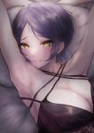  1girl arms_up bed_sheet black_eyes close-up cross-laced_clothes earrings hayami_kanade highres idolmaster idolmaster_cinderella_girls idolmaster_cinderella_girls_starlight_stage jewelry lingerie lying on_back on_bed shaddoll_fusion short_hair sweat underwear yellow_eyes 