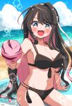  1girl absurdres beach bikini black_bikini black_hair blue_sky breasts clouds day fang feeding highres horizon kantai_collection large_breasts lens_flare long_hair multi-strapped_bikini multicolored_hair naganami_(kancolle) ocean open_mouth outdoors pink_hair pista_land pov remodel_(kantai_collection) side-tie_bikini sky smile solo swimsuit 