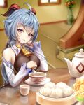  1girl absurdres ahoge bangs baozi bare_shoulders bell black_bodysuit bodysuit breasts chinese_commentary cowbell cup detached_sleeves eyebrows_visible_through_hair food ganyu_(genshin_impact) genshin_impact goat_horns head_rest highres holding holding_spoon horns indoors large_breasts light_blue_hair looking_at_viewer mug neck_bell open_mouth plant potted_plant skin_tight solo spoon spring_roll table teapot wavy_hair white_sleeves window wooden_floor yuye 